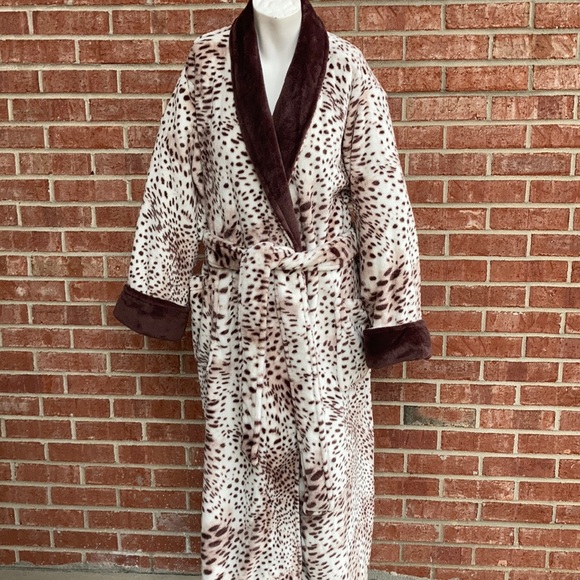 Natori Cheetah Print/Brown Faux Fur Trim Long Robe - Picture 1 of 9